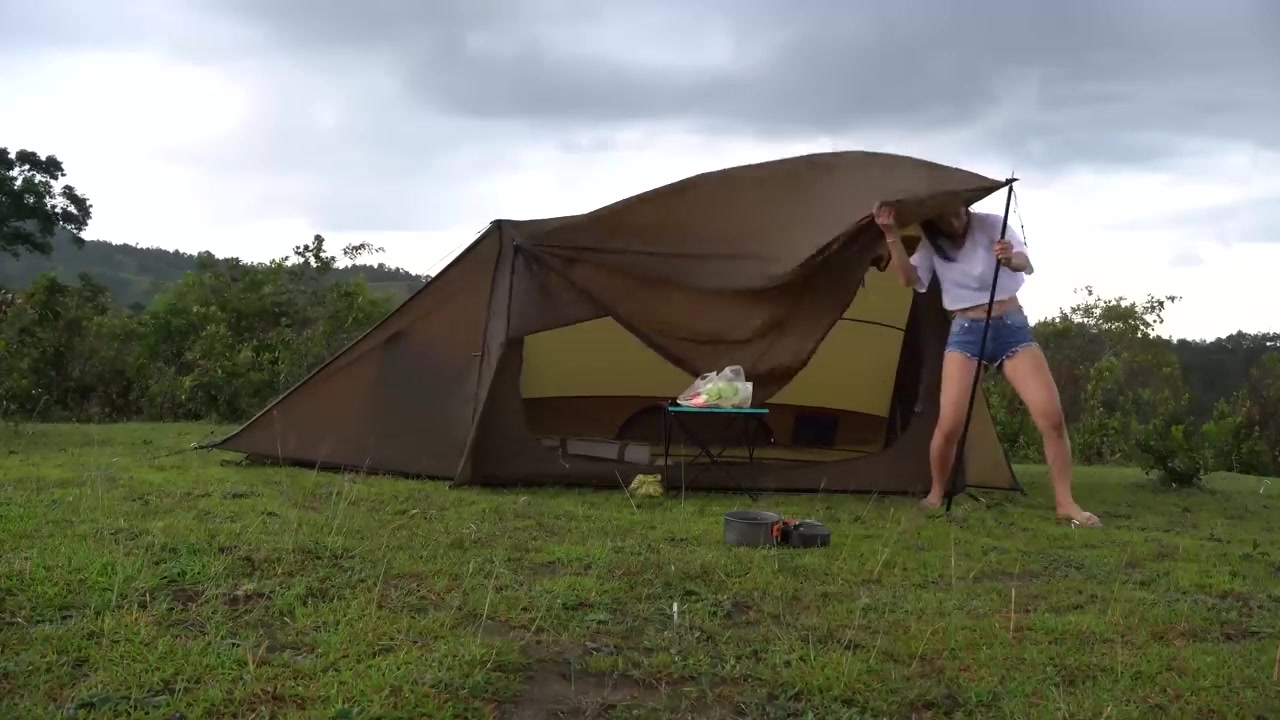 Day Solo Camping In The Heavy Rain Relaxing In Tent Morning Yoga