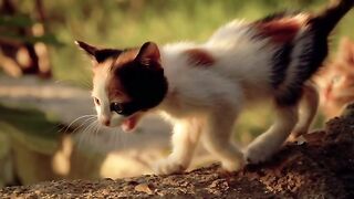 Tiny Multicolored Kitten Walking In Slow-Motion