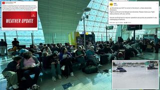 Dubai airport pleads with travellers with floods and families including Brits trying to flee trashed luxury resorts  video shows rain fell in one day