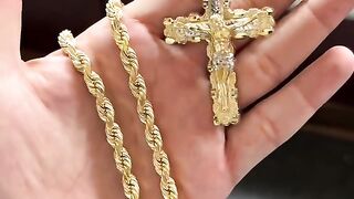 Solid Gold Rope Chain & Nugget Crucifix Pendant Set