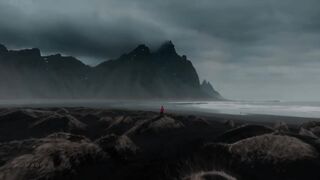 Cold Windy Walk Stokksnes Black Sand Beach, Iceland, 4K Wind and Ocean Sounds