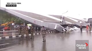 India floods Heavy rains collapse New  airport roof, cause traffic chaos