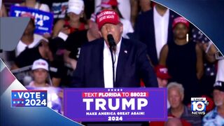 Trump teases VP pick, revels in Democratic turmoil during rally in Doral.