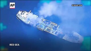 US drone footage shows tanker burning in Red Sea after Yemen rebel attack