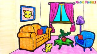 Learn How to Draw a Lounge for Kids | Room Drawing and Painting #6