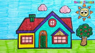 House With Apple Tree In Nature Scenery Drawing For Kids #7