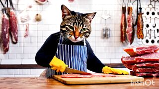 A cat working as a butcher cuts salmon.