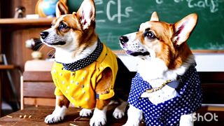 Corgi dogs are sitting in a classroom at school.