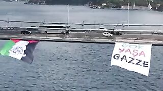 Palestinian flag hung at the July 15 Martyrs Bridge in Istanbul