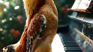 the hen is playing the piano