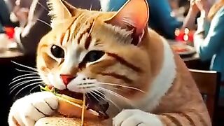 an orange and white cat is eating a burger