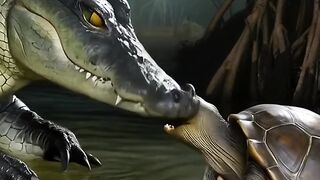 Brave turtle facing huge crocodile