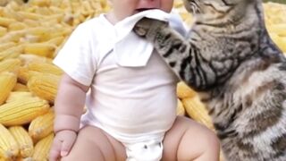 "Loving Cat: Moments of Comfort for a Crying Baby"