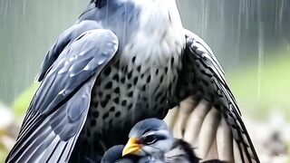 How does the mother bird protect her young children from the rain of nature!