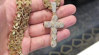 Solid 10K Byzantine Chain & 14K Gold & Diamond Cross Pendant Set