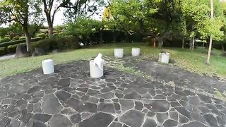 Cute cats lie down and rest on a round bench