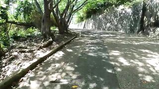 A charred white cat met a man on a slope as sunlight filtered through the trees.