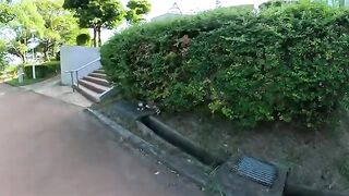 A cute cat hiding in the bushes is happy to be touched by a person