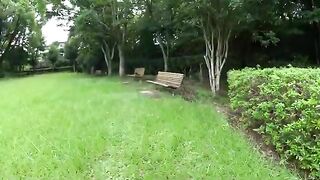 A cat resting on a bench lies on the ground and a person touches it