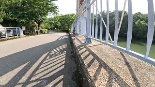 A tabby cat stands in a defenseless position on a bridge, and a man massages it.