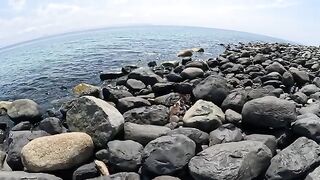 The cat brothers rest under the sea breeze on a rocky beach.