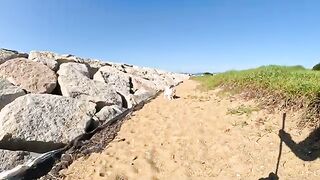 A beautiful cat lies on a sandy beach and is touched by a man