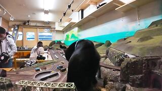 The diorama cafeteria train is targeted by a cat monster and can't go all the way around.