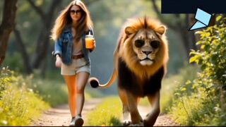 The lion and a young girl walk together