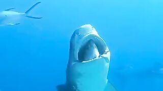 A shark with its prey in its mouth