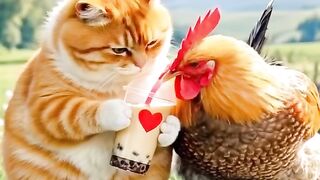 A cute cat love and fun with the chicken