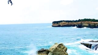 Scenic Coastal View with Rock Formations, blue sea waves and enthusiastic music