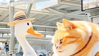 A cute cat fun with a duck