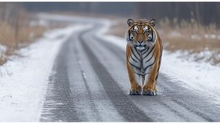 The tiger came out onto the road and started chasing the car