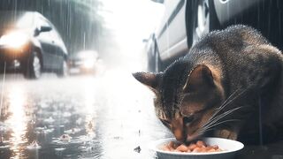 Cat eating while getting caught in the rain ????