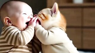 Baby enjoying with cat ????