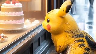 In order to eat the cake , Pikachu works very hard