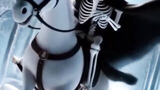 Cute cat kitten on white horse with ghost skeleton Make friends