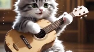 A kitten is playing an acoustic guitar