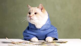 Red Cat In A Blue Hoodie Is Sitting At A Table Euro Banknotes On The Table Green Background HD Stock Video-